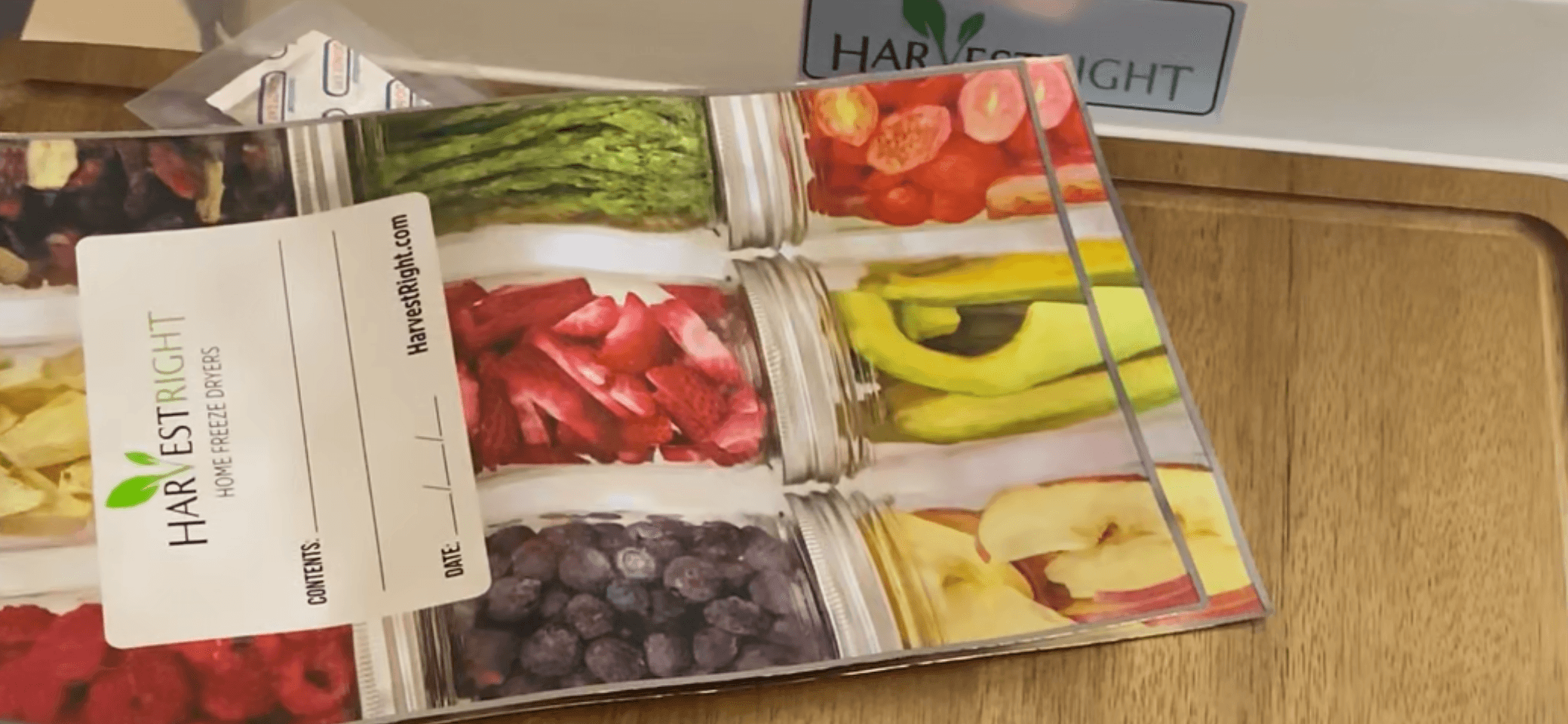 Freeze-dried raspberries packaged in a sealed Mylar bag for storage.