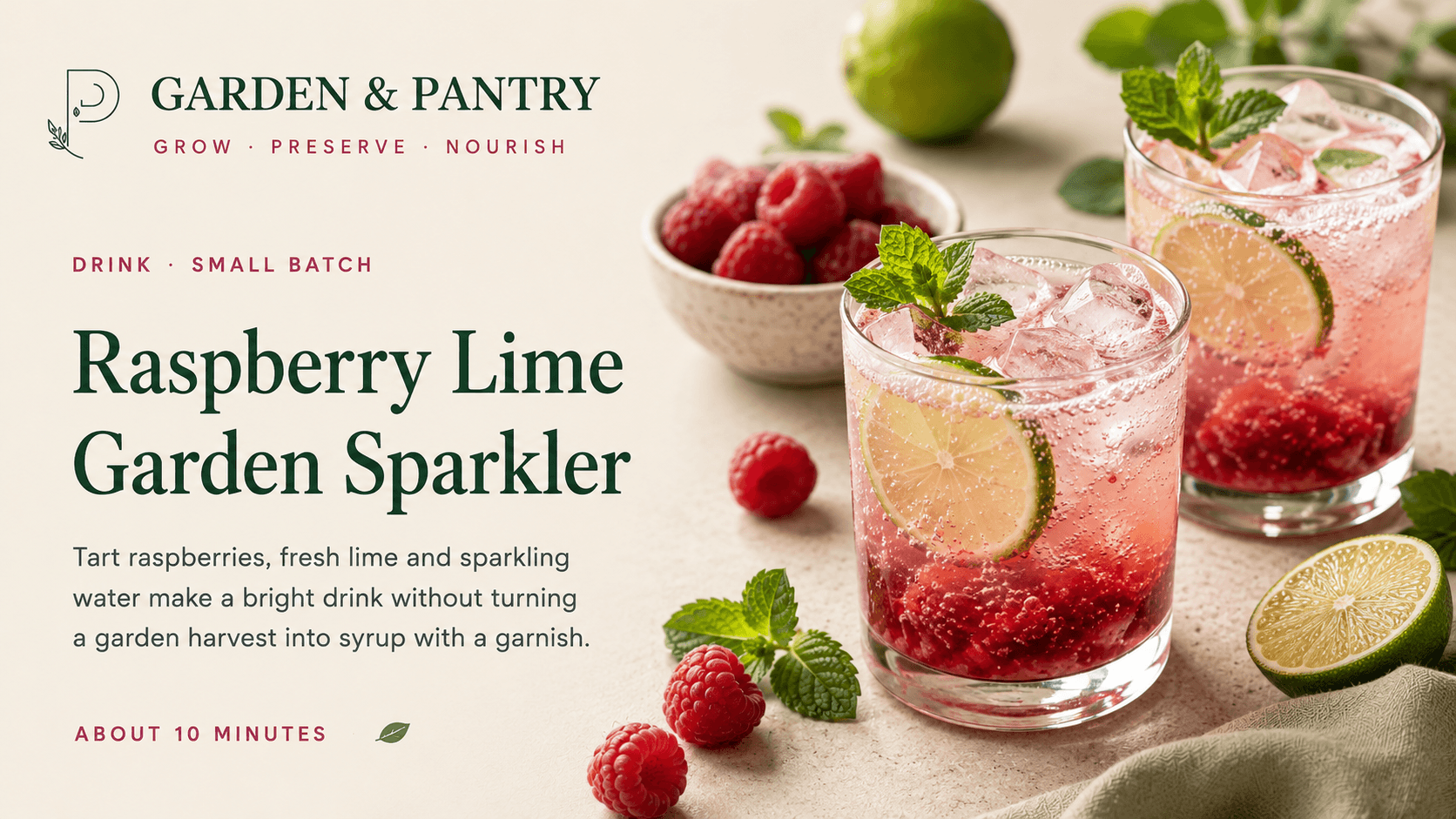 Two raspberry lime garden sparklers with fresh raspberries, lime and mint