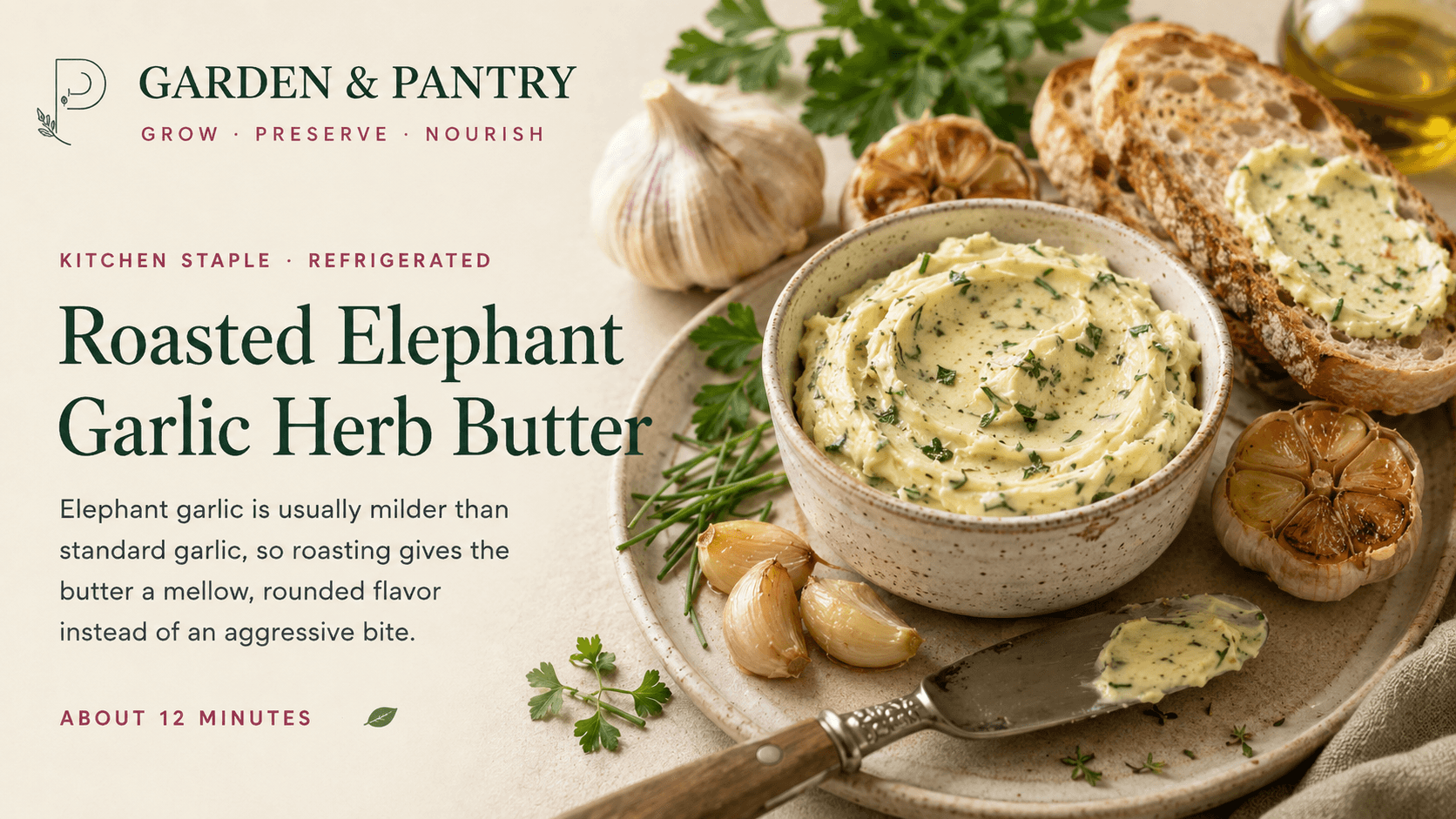 Roasted elephant garlic herb butter served with bread and fresh herbs