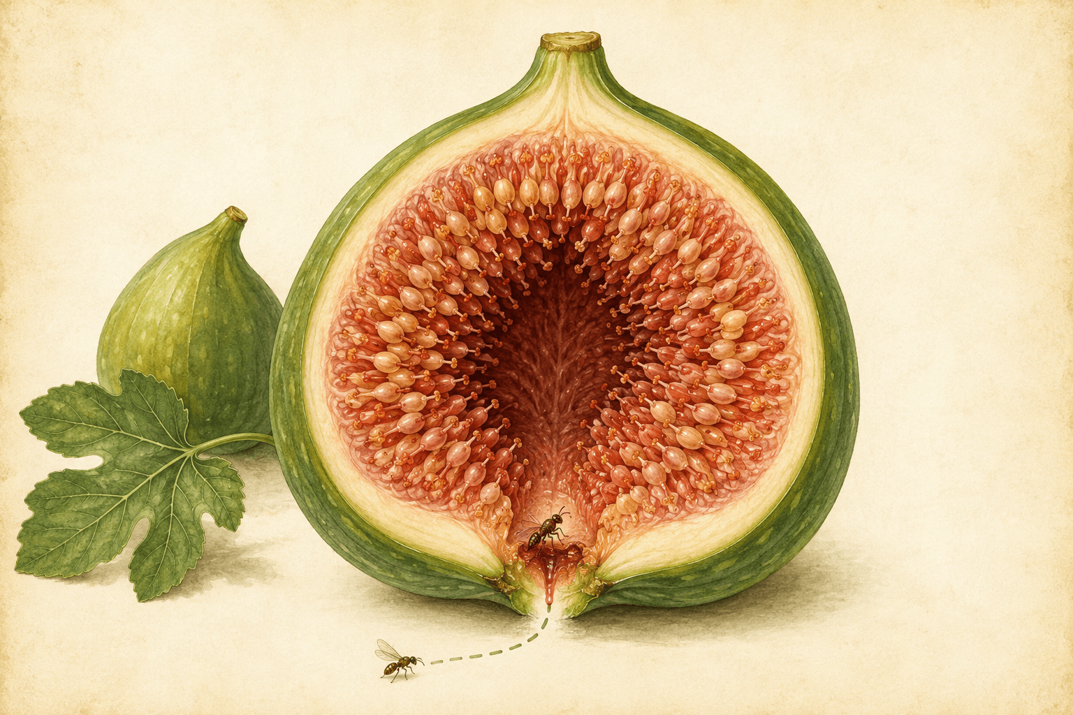Botanical cutaway illustration showing a tiny fig wasp entering and moving inside a pollinated fig.